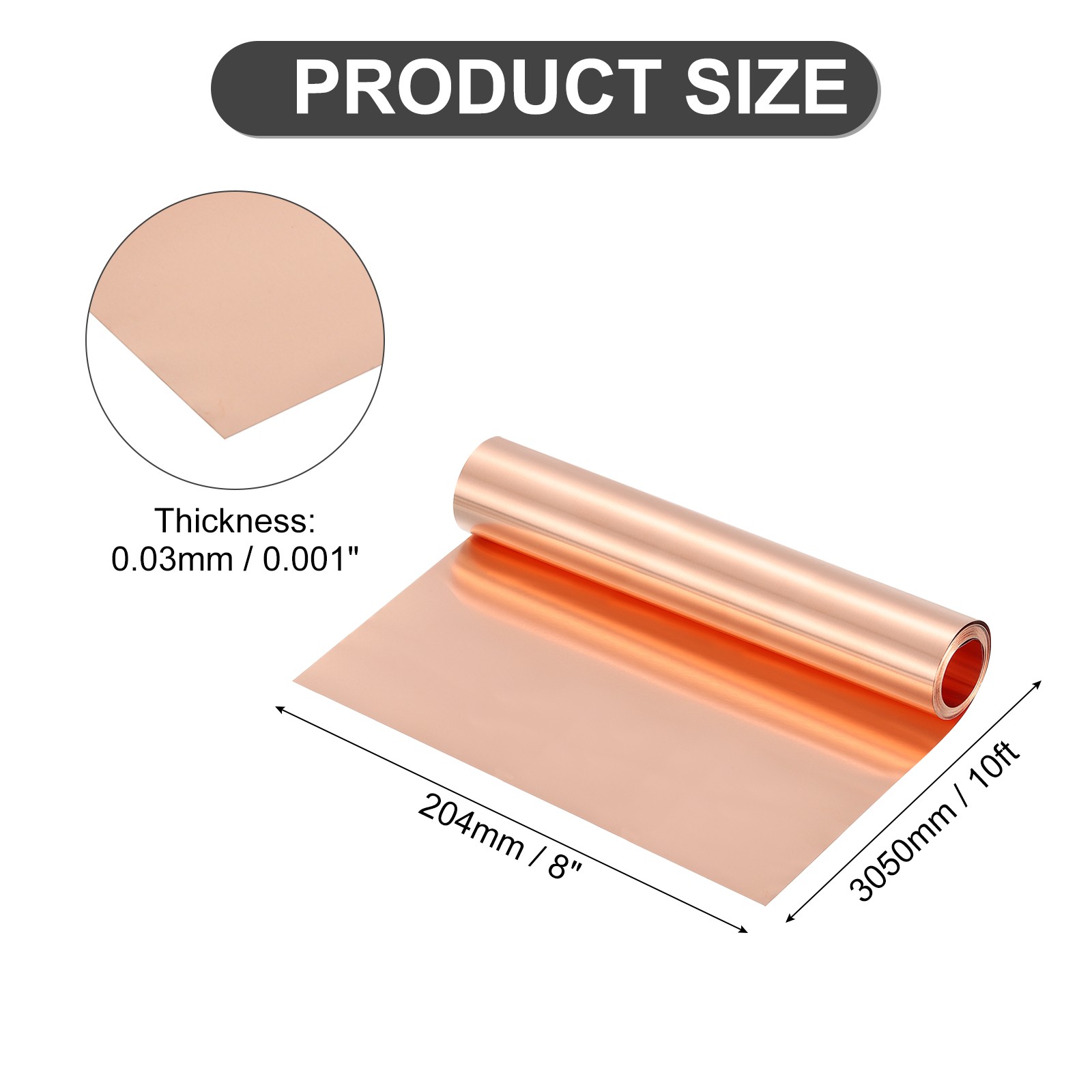 Pure Copper Sheet Roll, 0.03mm 32Ga Thick T2 10Ft x 8in Copper Strip for Craft