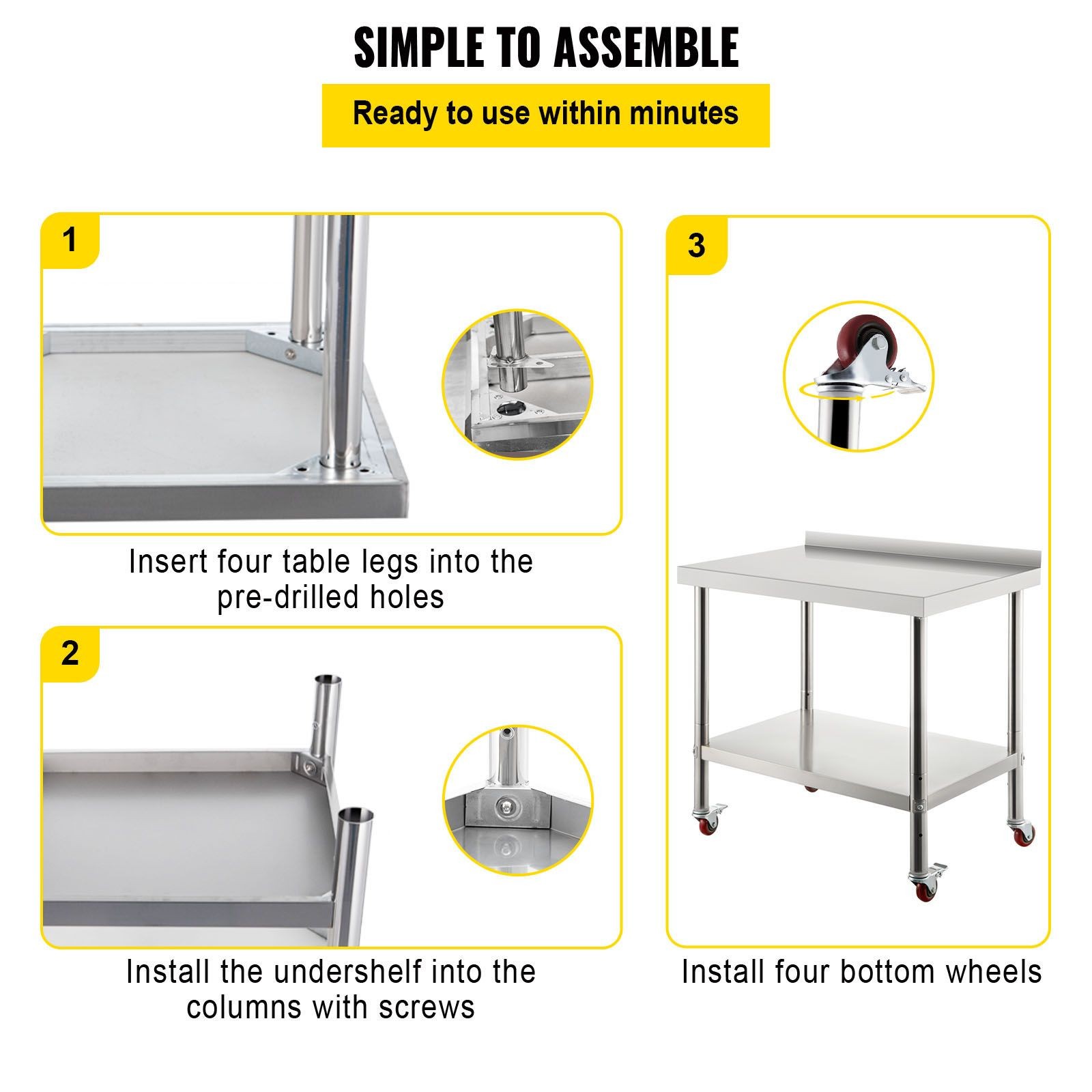 Stainless Steel Prep Table 30x24in, 440lbs Load, Adjustable Shelf & Casters