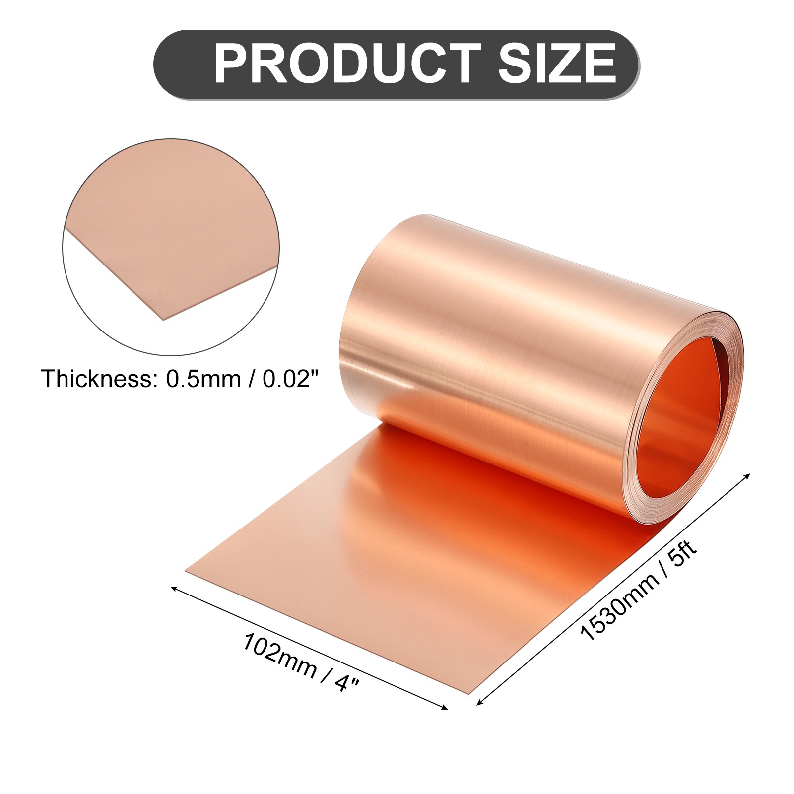 Pure Copper Sheet Roll, 0.5mm 24Ga Thick T2 5Ft x 4in Copper Strip for Craft