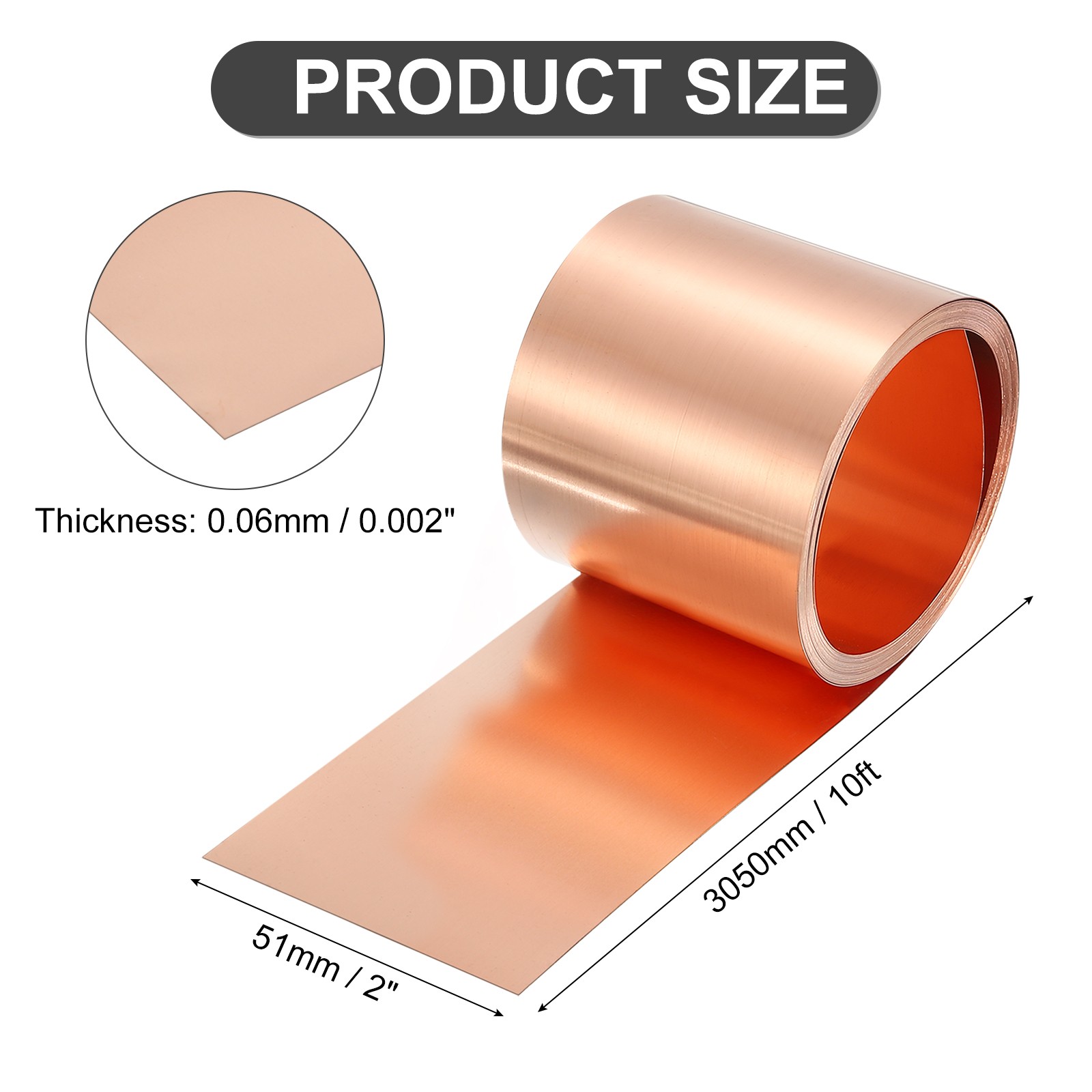 Pure Copper Sheet Roll, 0.06mm 28Ga Thick T2 10Ft x 2in Copper Strip for Craft