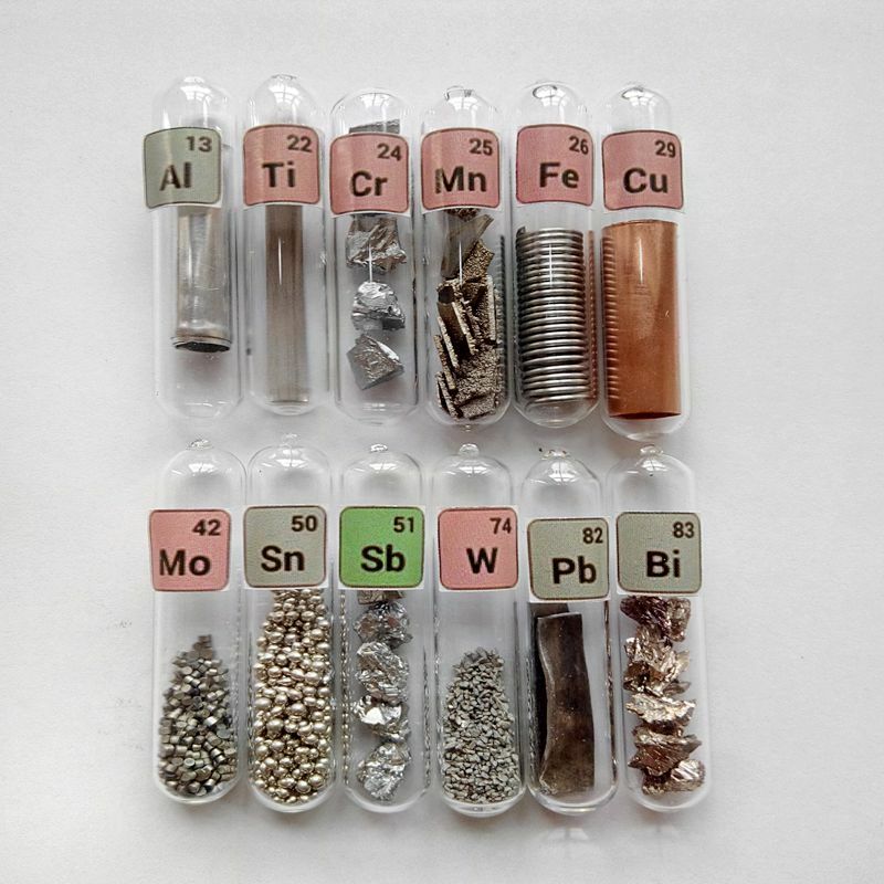 Metal Set, different elements samples in labeled glass vials