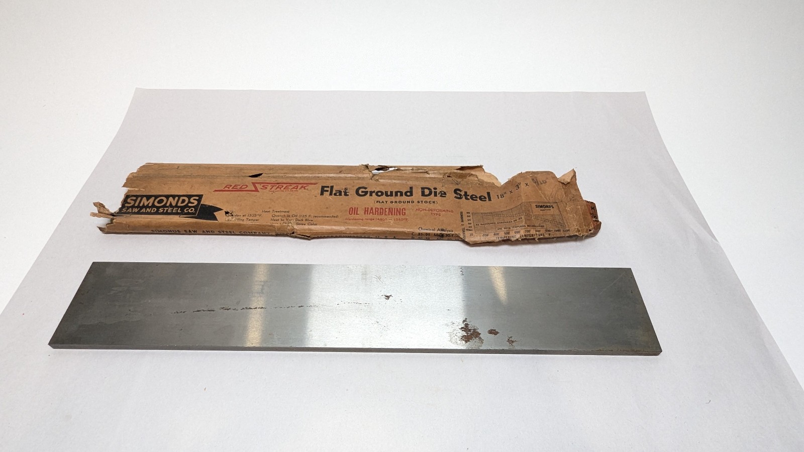 Simonds Red Streak O2-Type Oil Hardening Ground Tool Steel 5/16 x 3 x 18 NOS USA