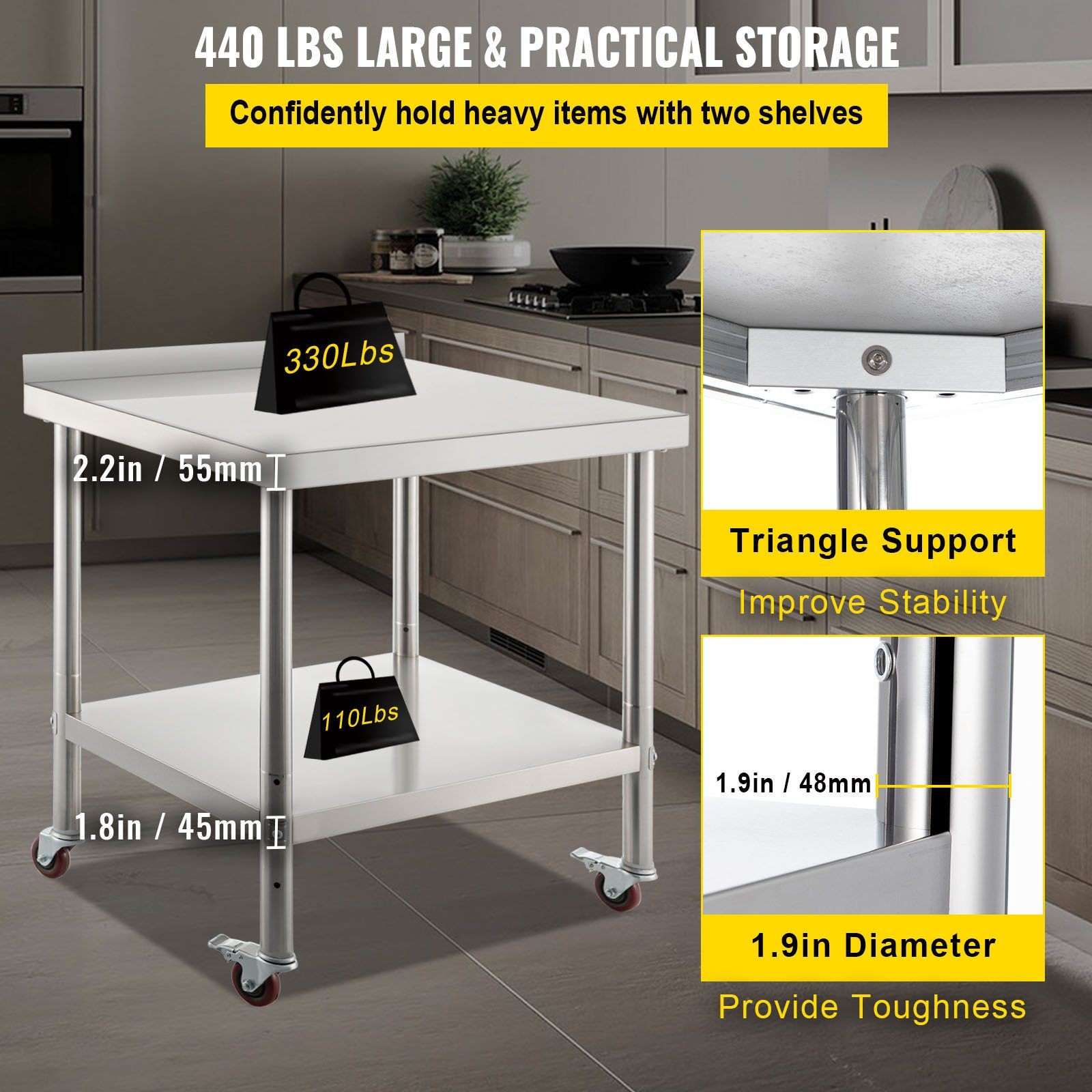 Stainless Steel Prep Table 30x24in, 440lbs Load, Adjustable Shelf & Casters