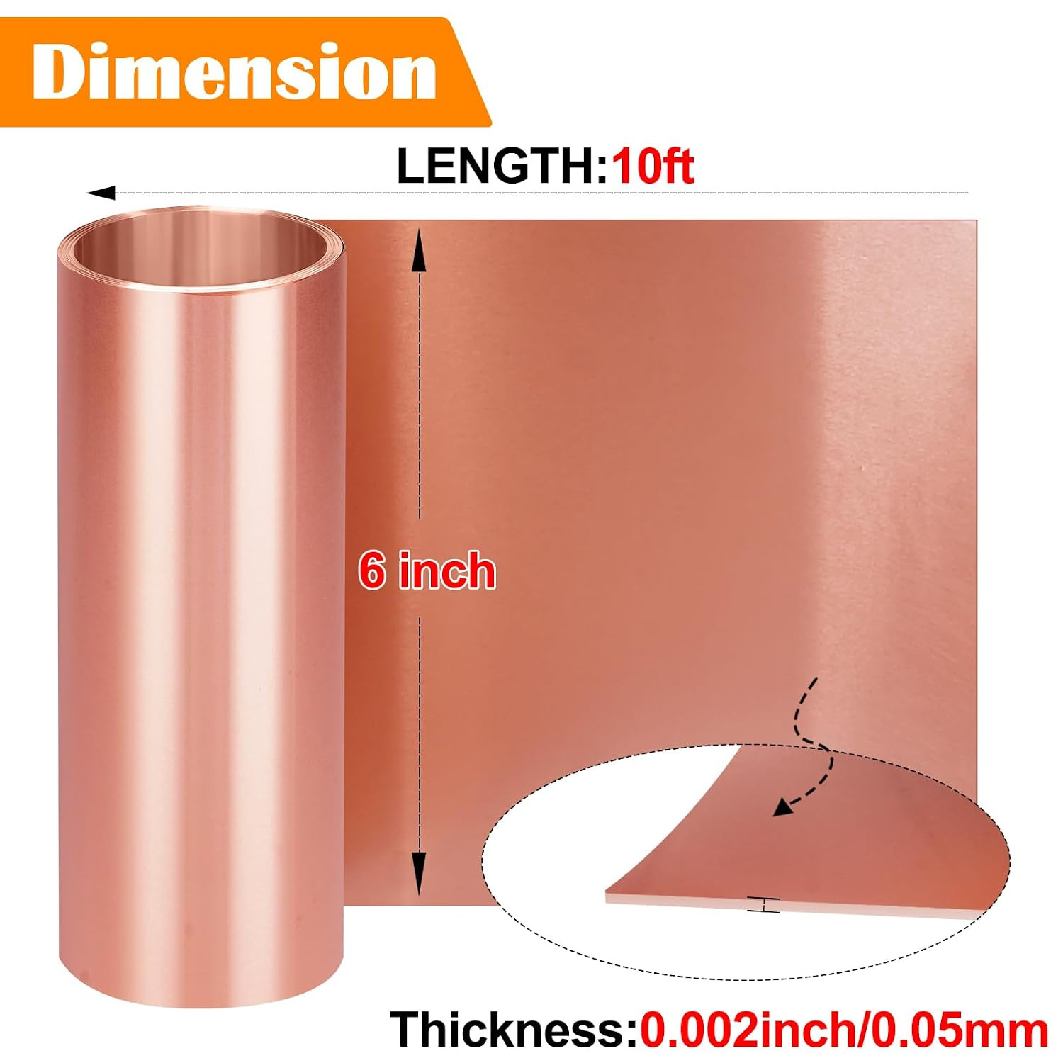 Copper Foil Sheet Roll, 6in x 10Ft Copper Sheet, 0.05mm Copper Flashing for Hous