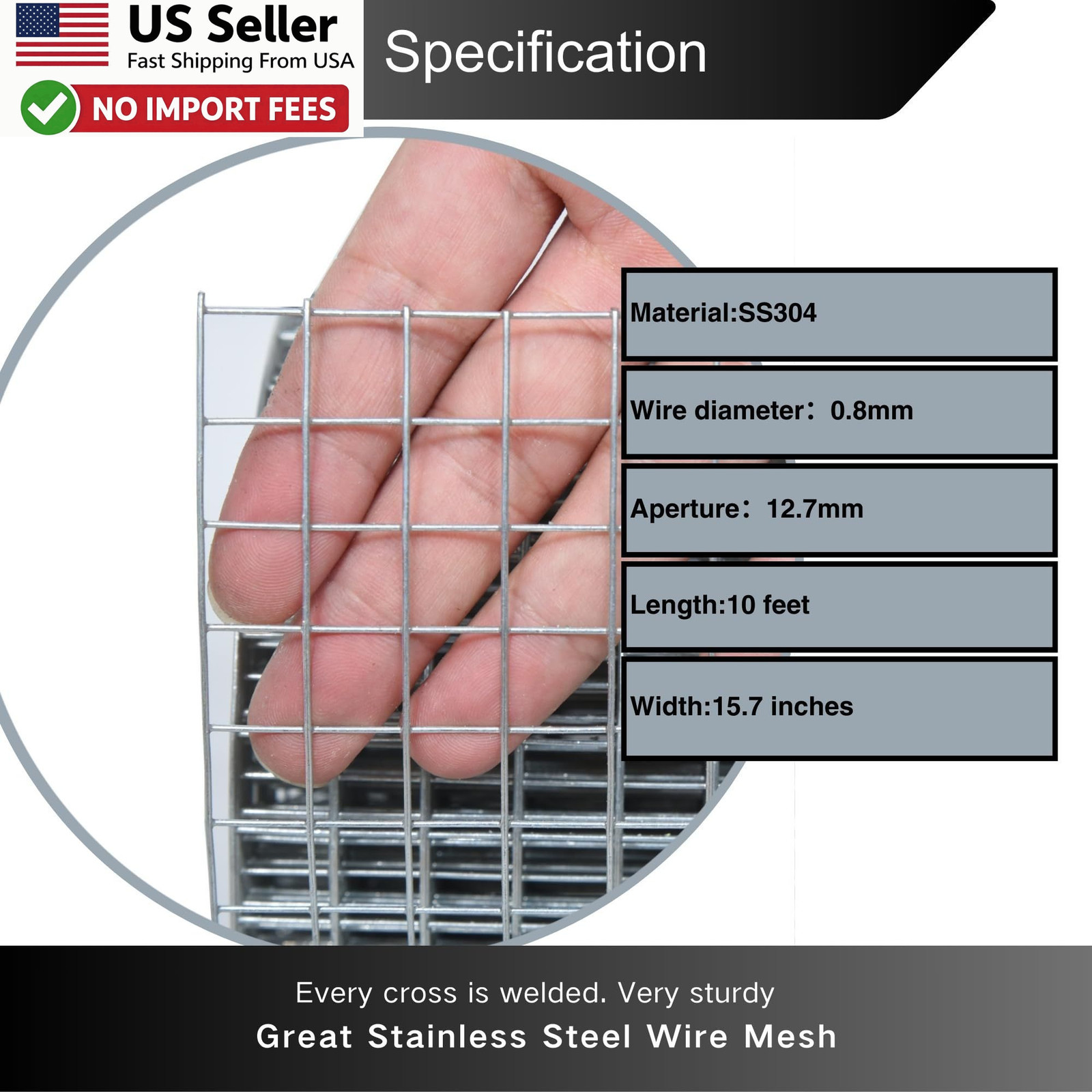 304 Stainless Steel Welded Wire Mesh 15.7in x 10ft 1/2 Hardware Cloth FROM USA