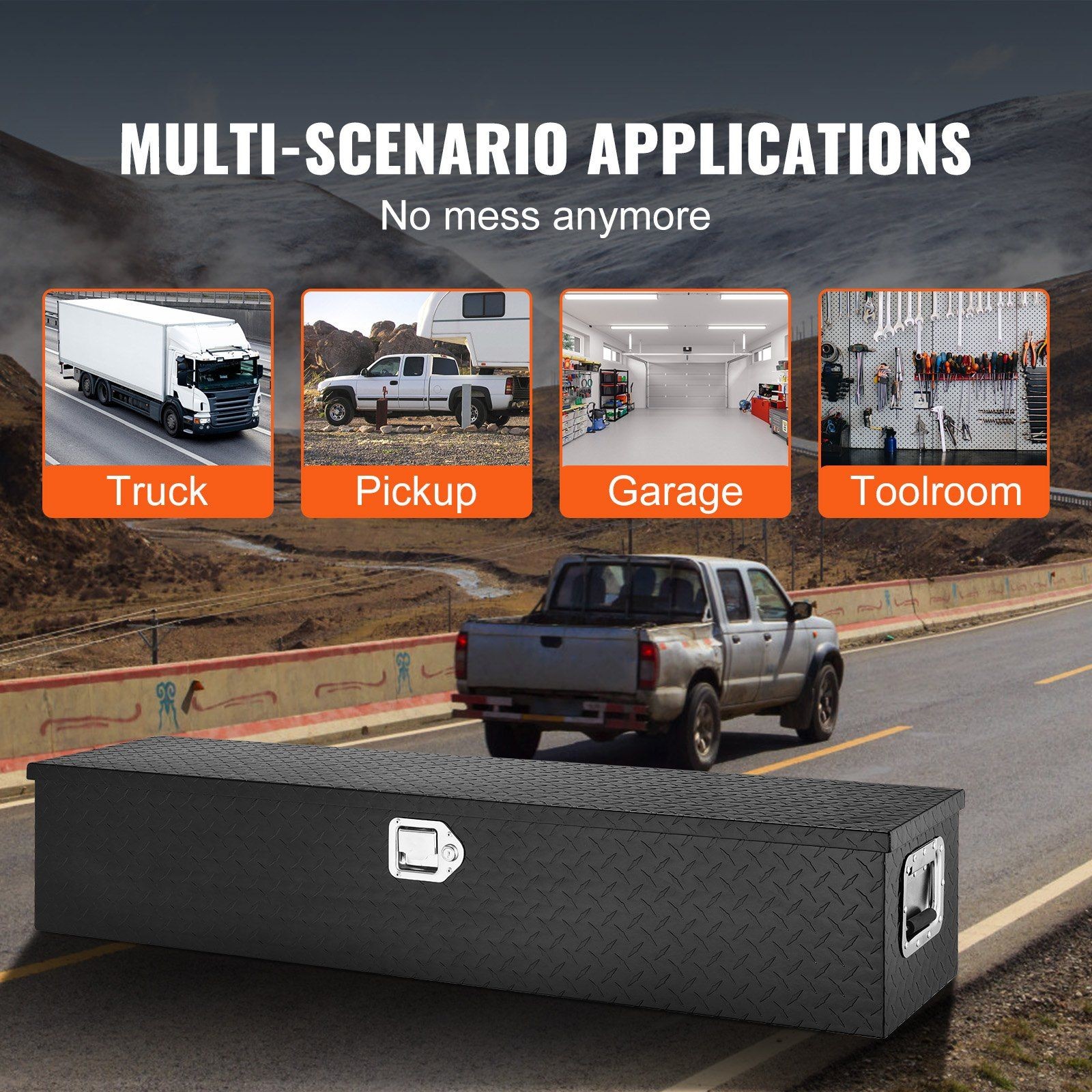 48x15x15in 333lb Heavy Duty Aluminum Diamond Plate Tool Box & Lock Black
