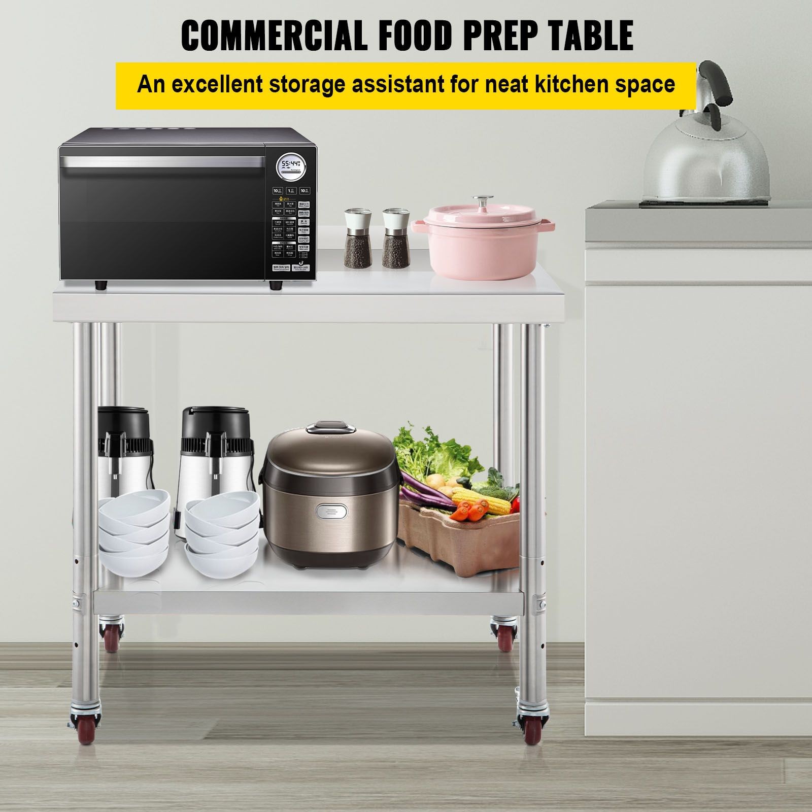 Stainless Steel Prep Table 30x24in, 440lbs Load, Adjustable Shelf & Casters