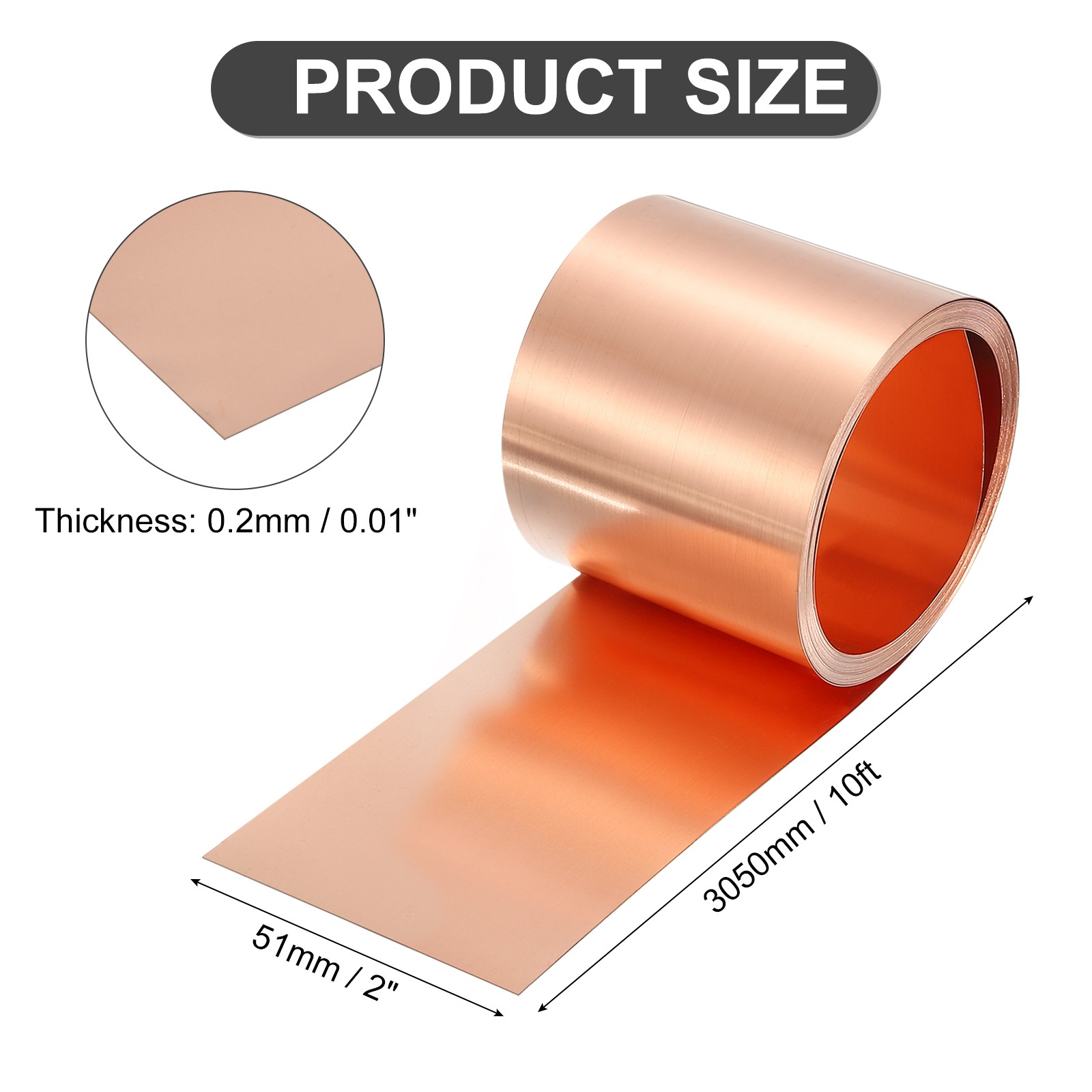 Pure Copper Sheet Roll, 0.2mm 24Ga Thick T2 10Ft x 2in Copper Strip for Craft
