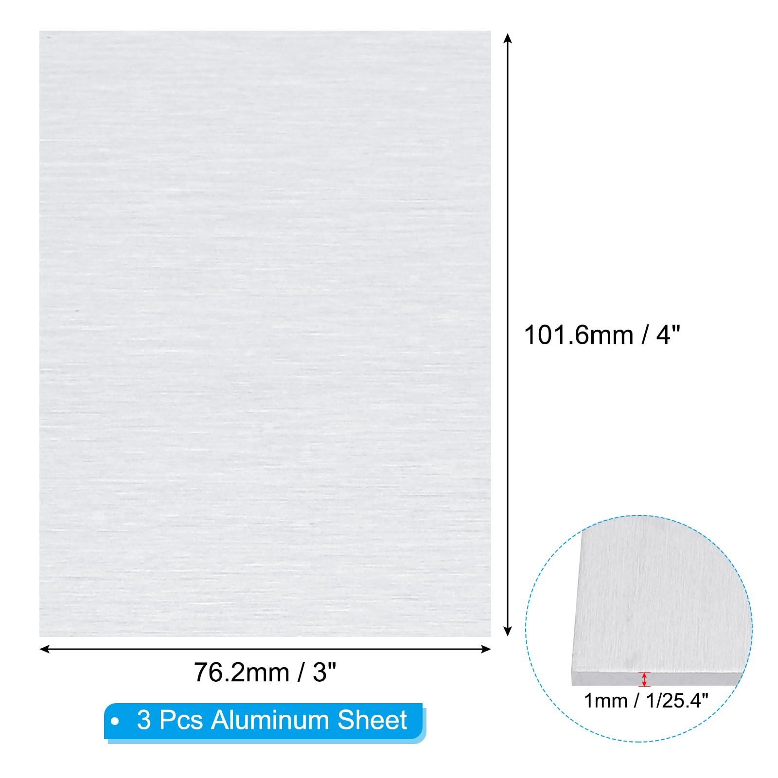 6061 T651 Aluminum Sheet Metal 4 x 3 x 1/25.4(0.04″) Inch 3Pcs Flat 1MM