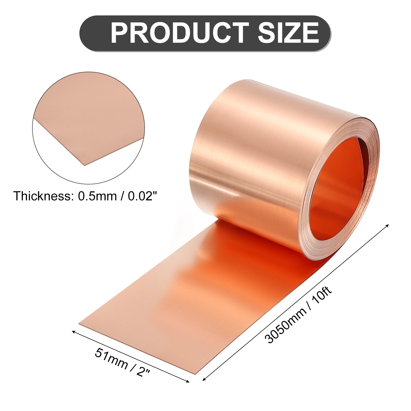 Pure Copper Sheet Roll, 0.5mm 24Ga Thick T2 10Ft x 2in Copper Strip for Craft
