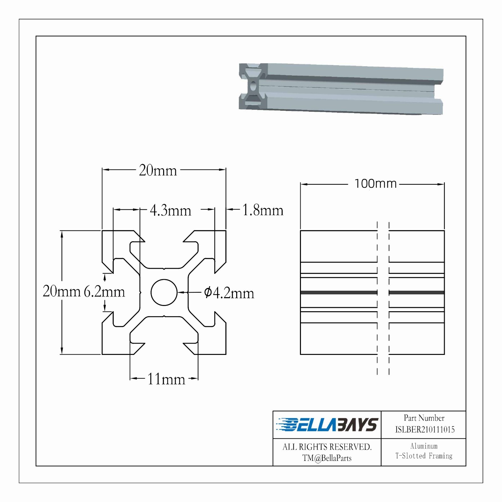 4Pcs 100mm 3.94″ 2020 V Type Slot Aluminum Profile European Standard Linear Rail