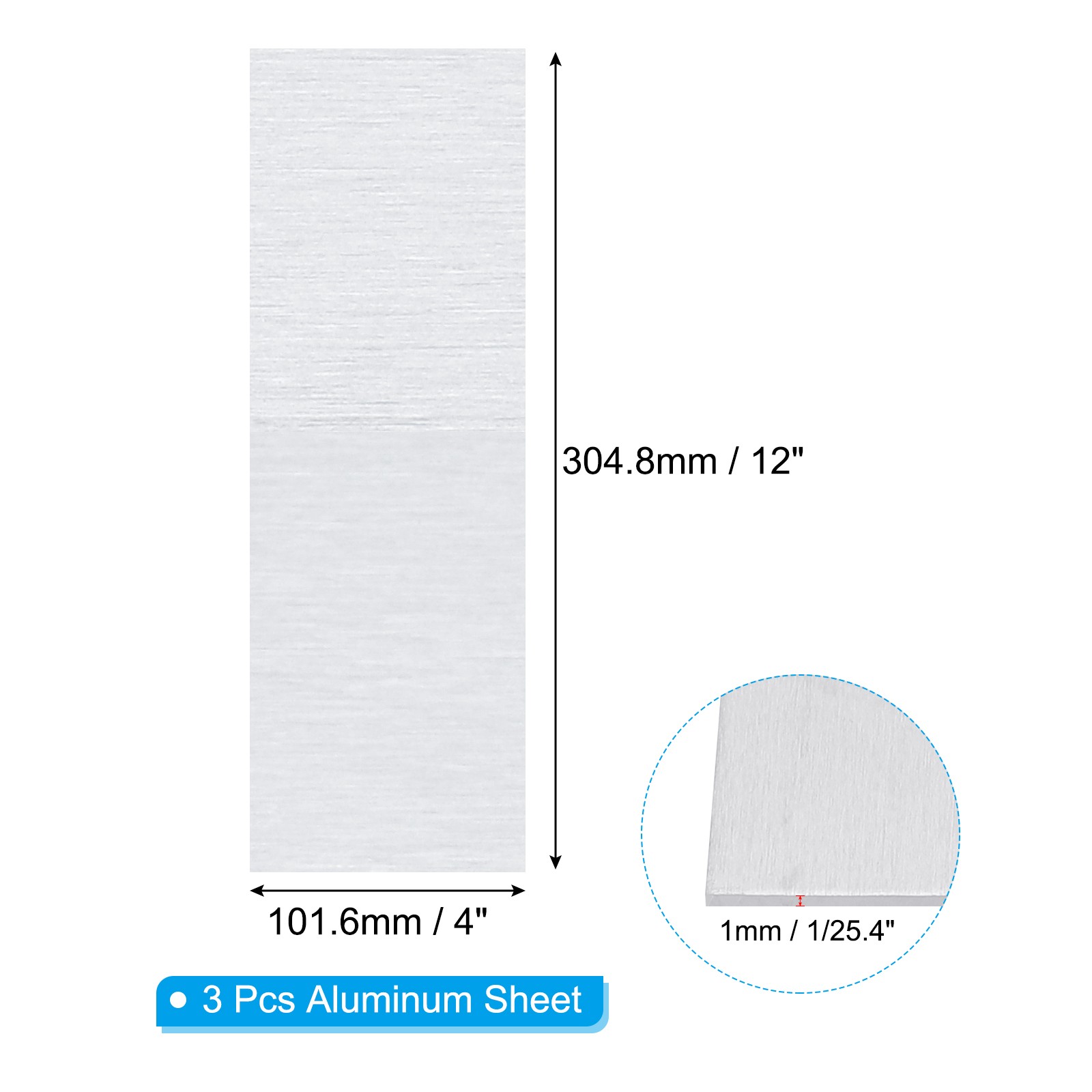 6061 T651 Aluminum Sheet Metal 4 x 12 x 1/25.4(0.04″) Inch 3Pcs Flat 1MM