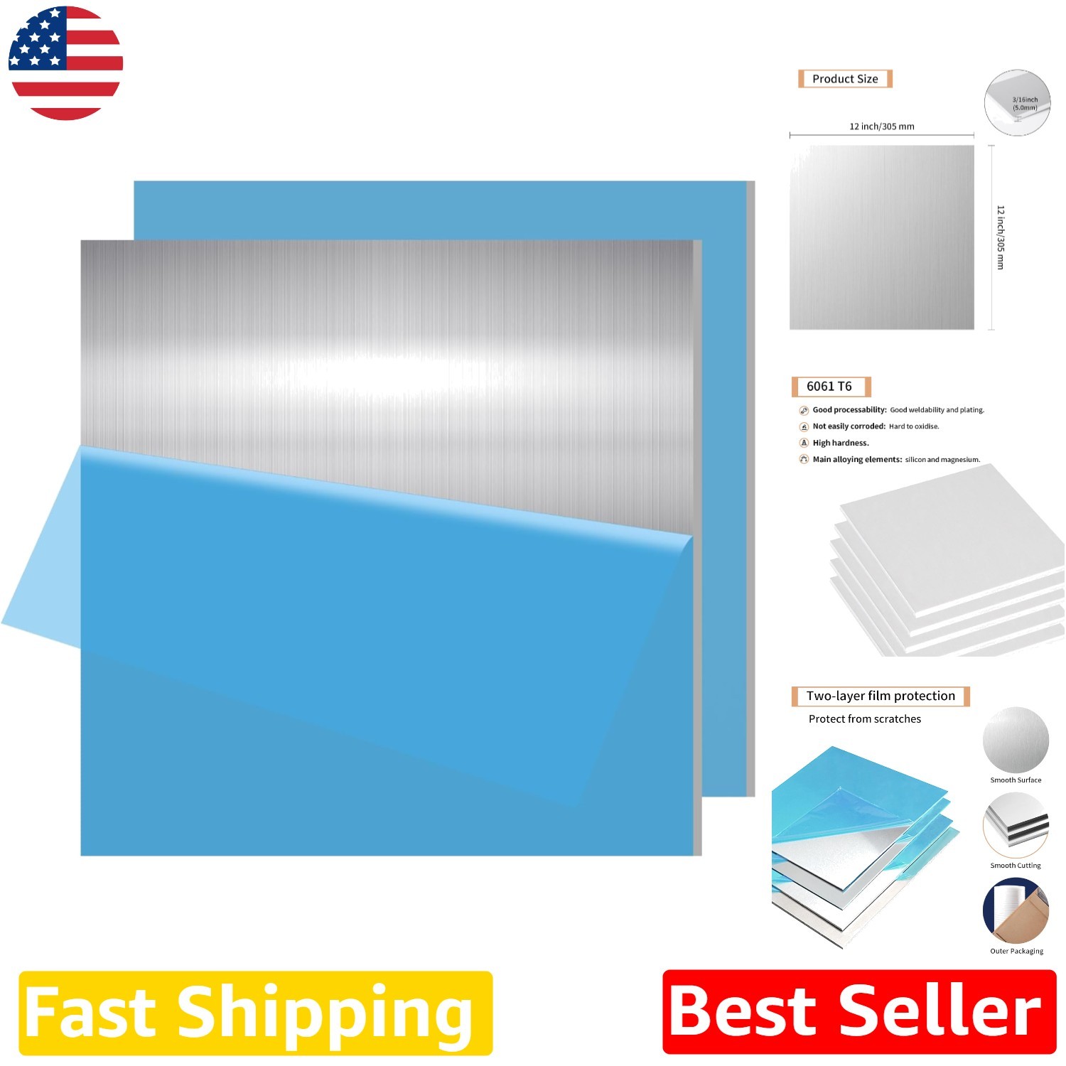 High Quality 6061 Aluminum Sheet 3/16″x12″x12″ 2pcs Weldable Corrosion-Resistant