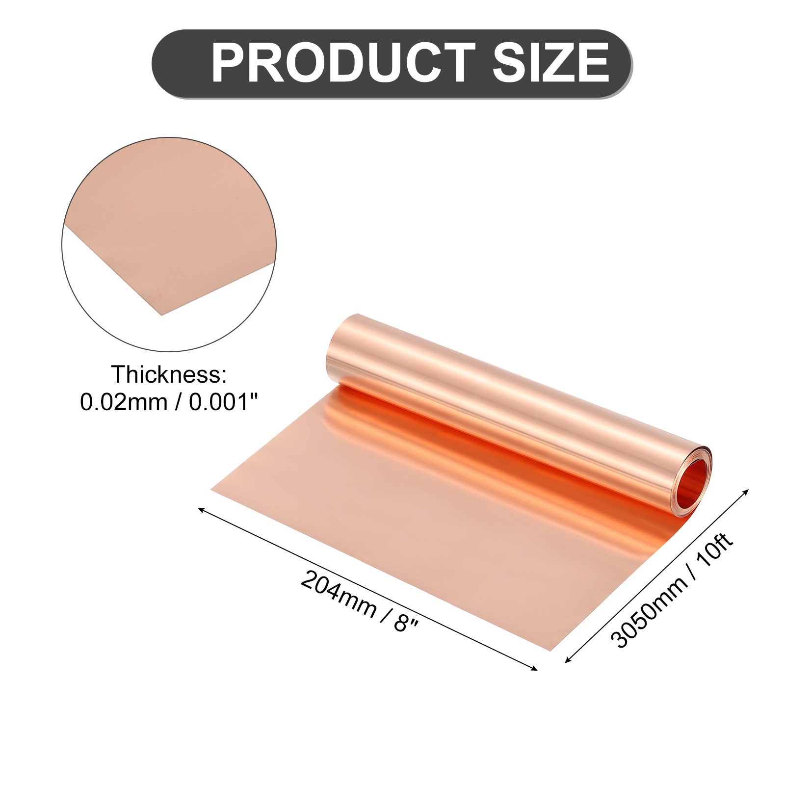 Pure Copper Sheet Roll, 0.02mm 34Ga Thick T2 10Ft x 8in Copper Strip for Craft