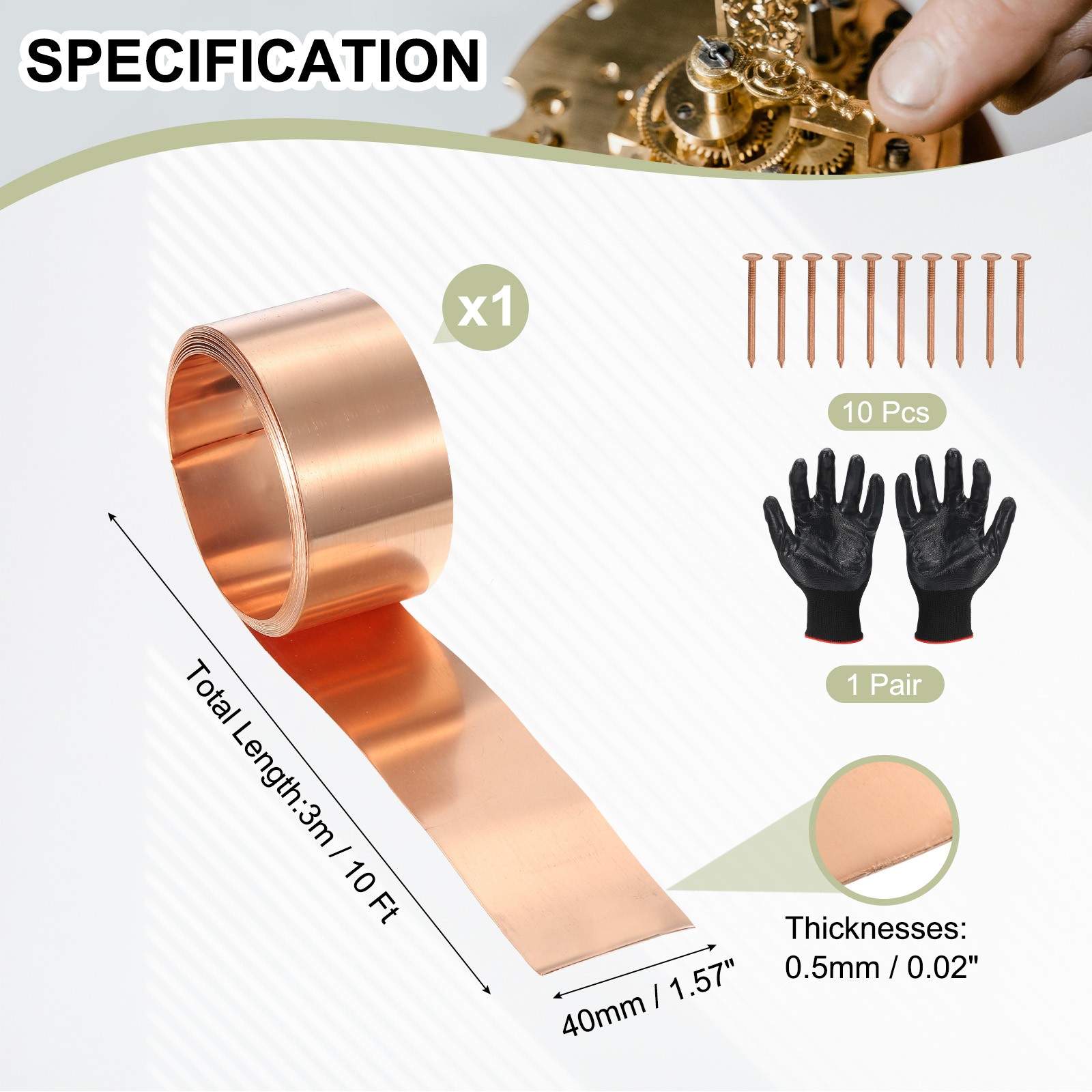 Copper Sheet Roll 1.6″ x 10 Ft 24 Gauge(0.5mm) Thickness DIY (1 Pack, Copper)
