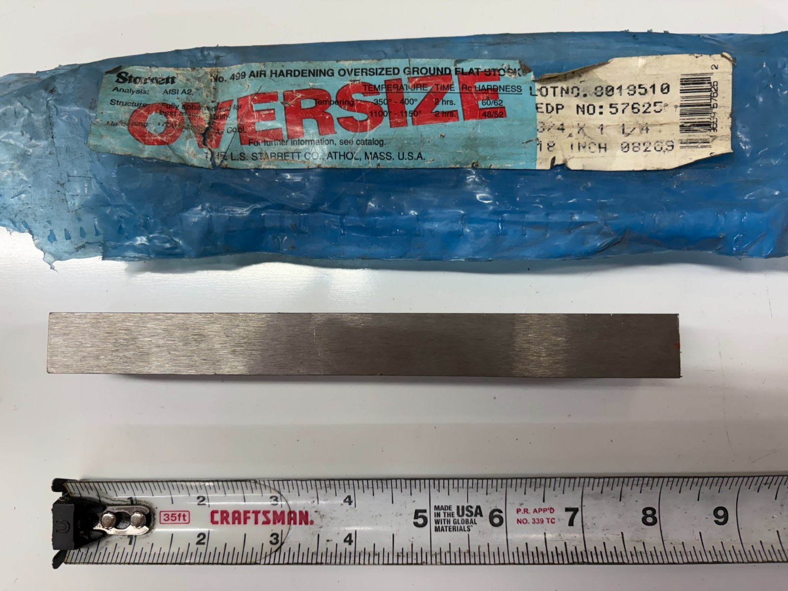 Starrett No. 499 A2 Air Hardening Oversized Ground Flat Stock 3/4” x 1-1/4” x 7”