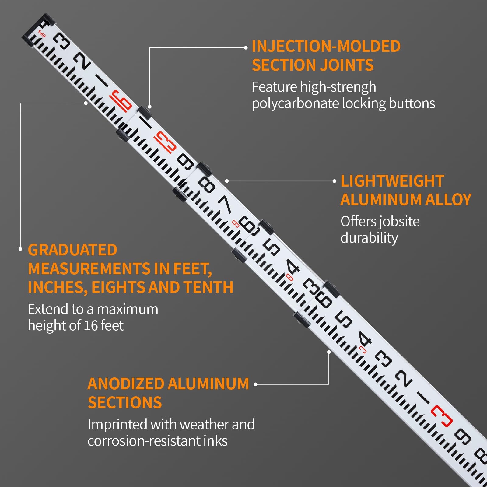 Firecore 16-Foot Aluminum Grade Rod – 10ths, 5 Sections 16FT – White
