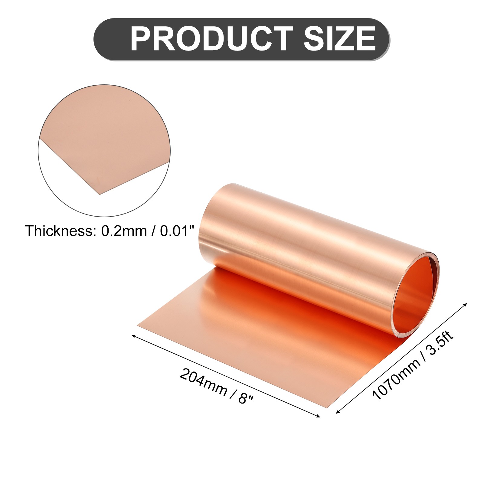 Pure Copper Sheet Roll, 0.2mm 24Ga Thick T2 3.5Ft x 8in Copper Strip for Craft