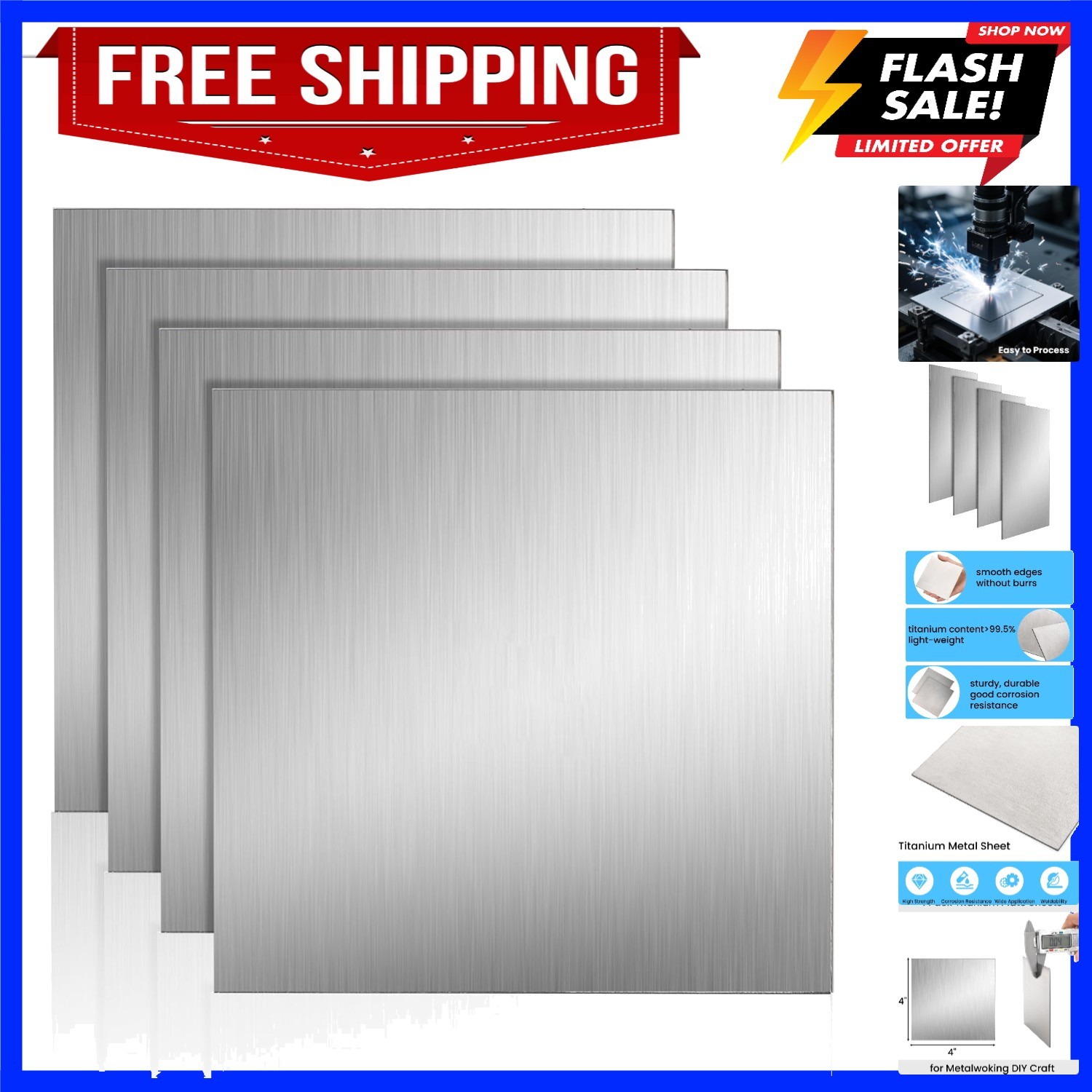 4 Pack Titanium Plate Sheets, 4″ x 4” x 0.04″ Titanium Metal Sheet, 1mm Thic…