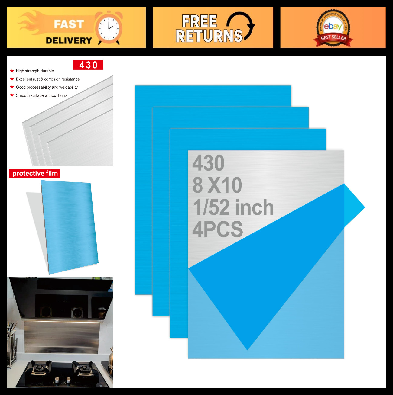 Stainless Steel Metal Sheets 8″ x 10″ x 1/52″ – Crafting & Mounting Plates (4PCS