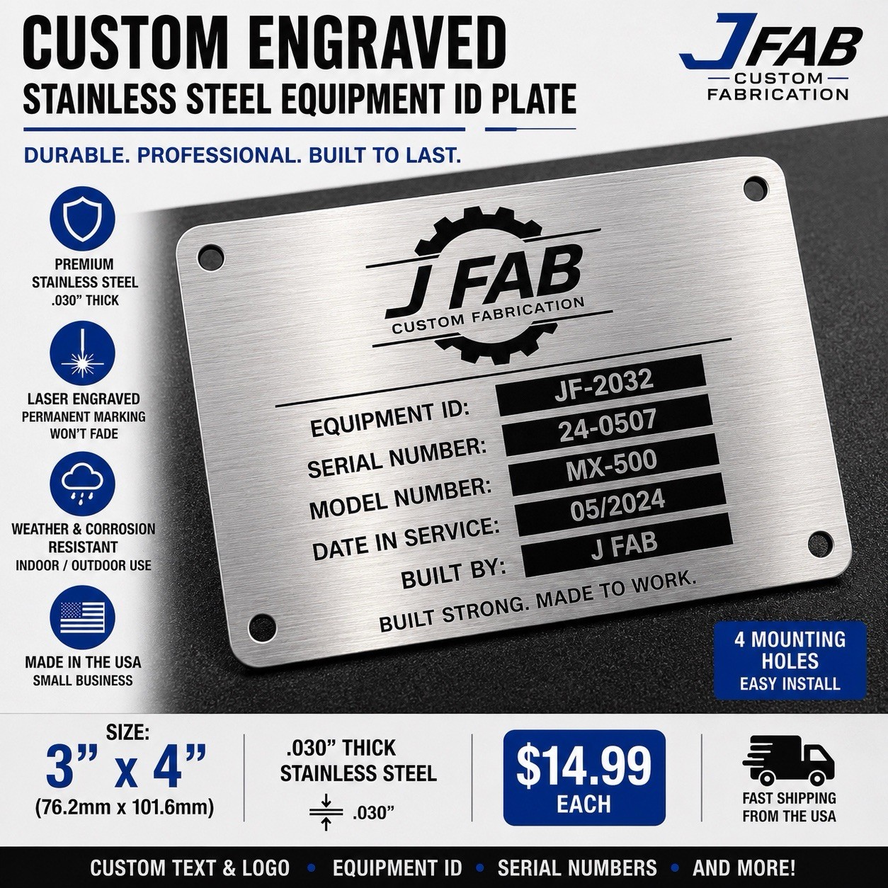 Custom Engraved Stainless Steel Equipment ID Plate 3” x 4” Personalized