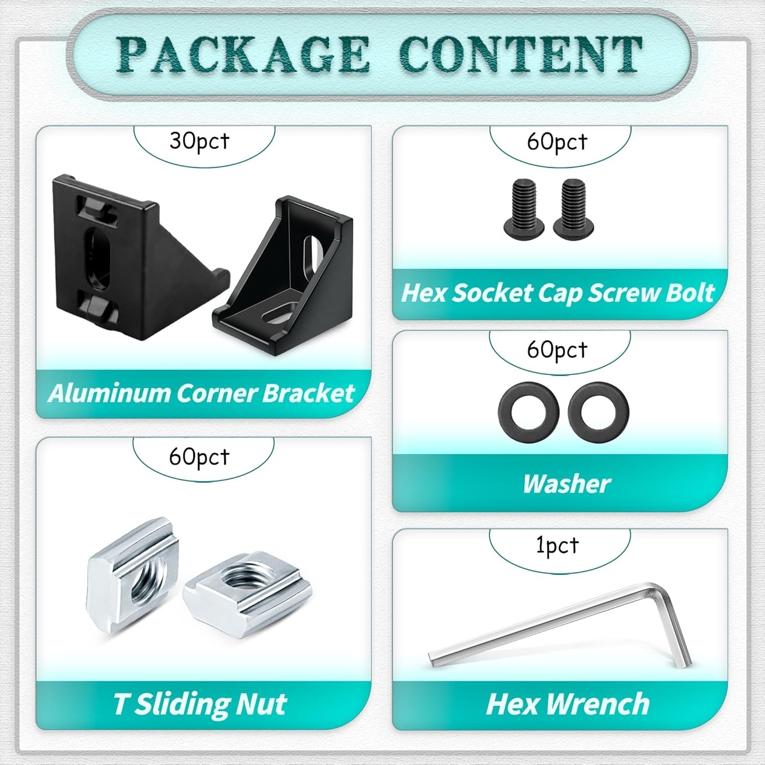 Aluminum Connector Set: 30 Corner Brackets & T-Slot Nuts for 20mm Frames